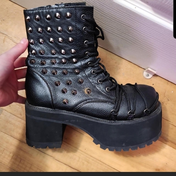 Demonia Studded Black Platform Boots - Picture 2 of 7